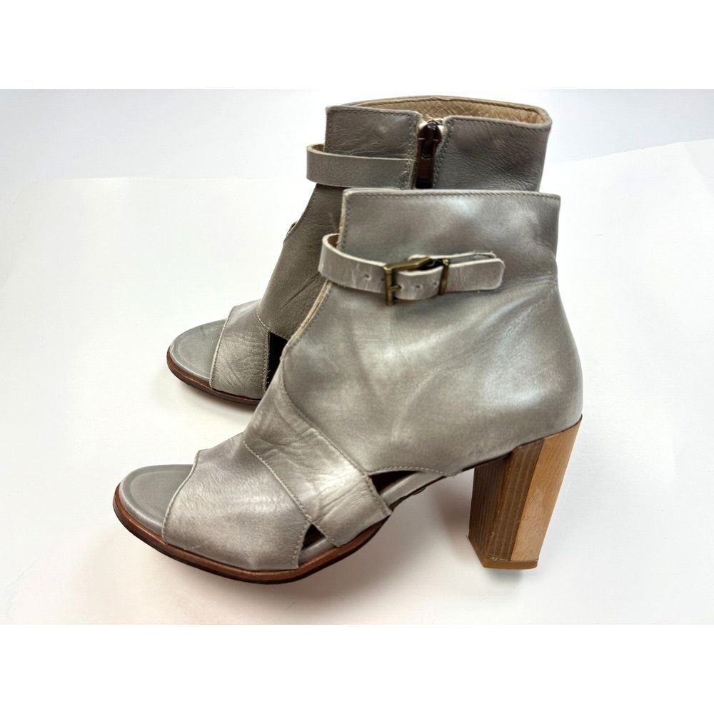 Neosens Open Toe Ankle Booties Women 38 US 6.5 Cut out Leather‎ Block Heel Gray